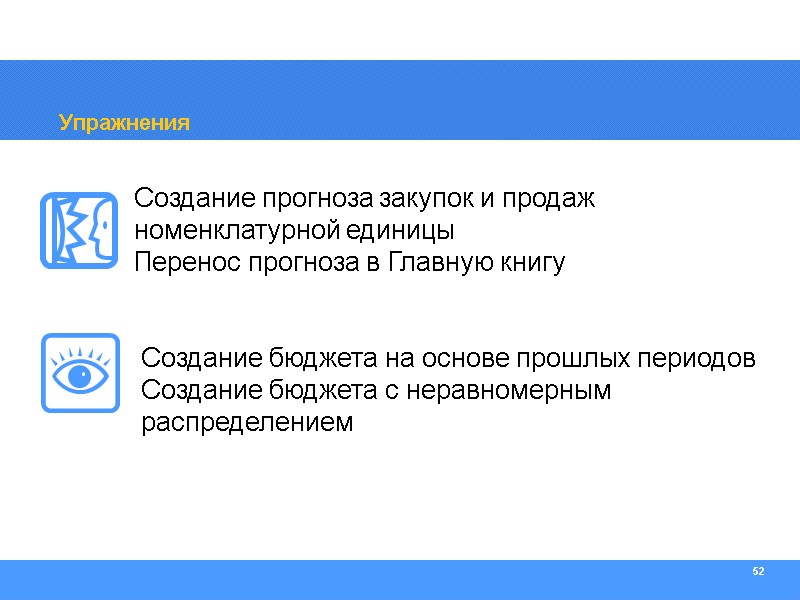 52 Упражнения Создание прогноза закупок и продаж номенклатурной единицы Перенос прогноза в Главную книгу